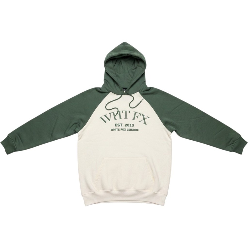 White Fox Leisure Raglan Hoodie Green Cream WHT FX Embroidered Sweatshirt L/XL